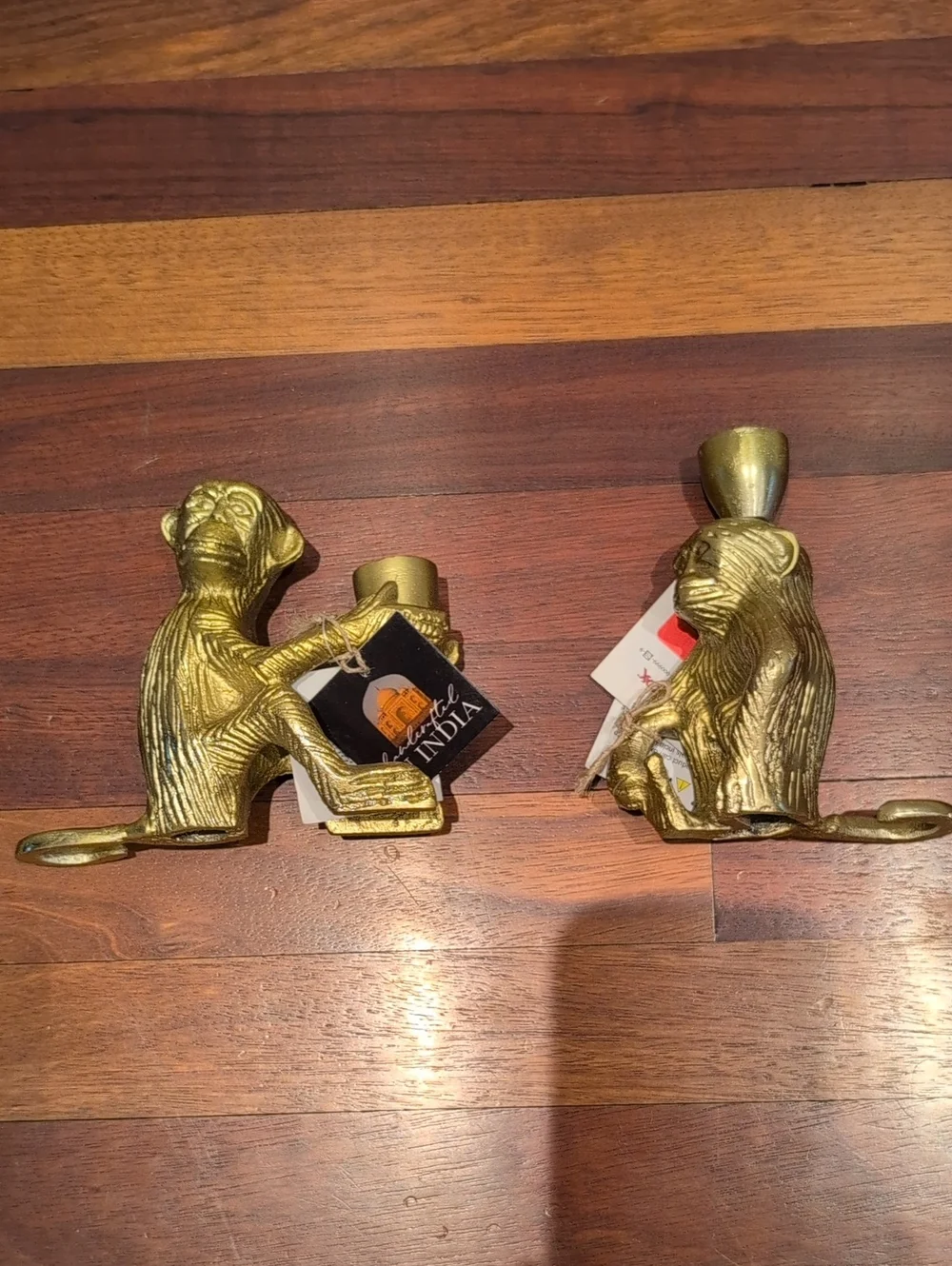 Set Of 2 Gold Colored Monkey Candle Holders